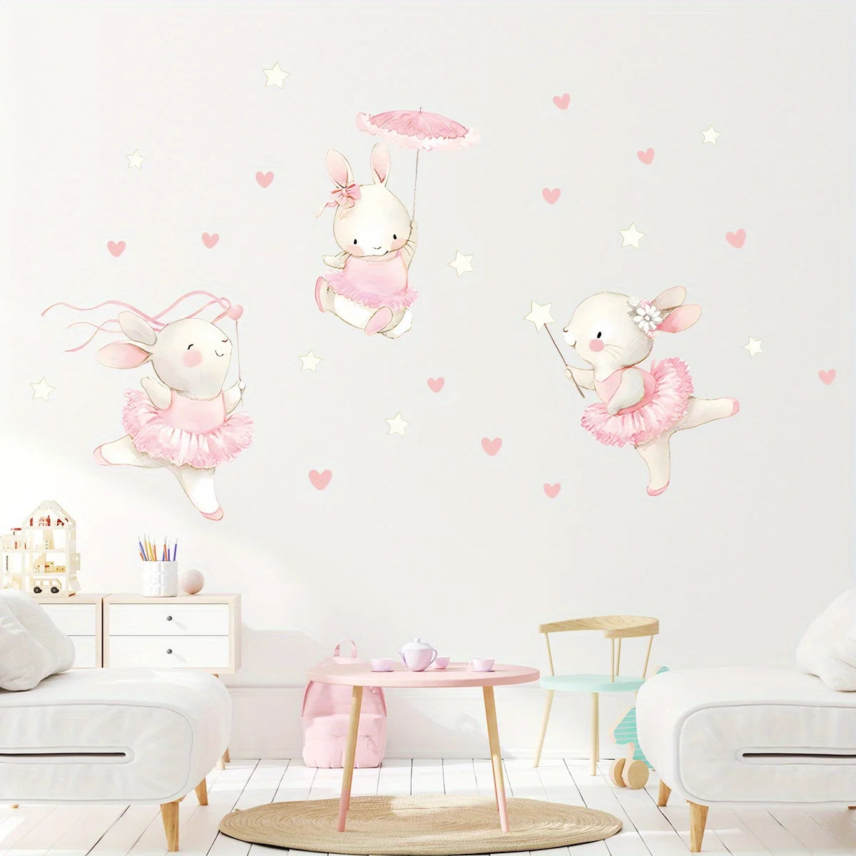 Rabbit Dancing Heart Wall Decal | Kids Room Decor displayed in room decor by HomeDecorDecals.