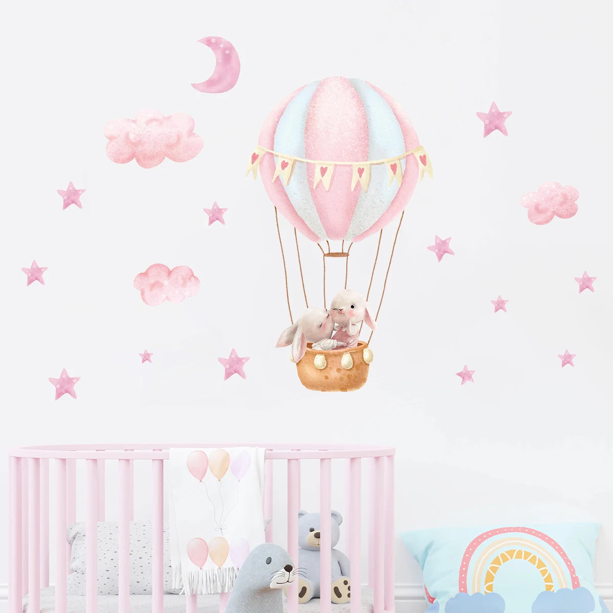 Rabbit and Hot-Air Balloon Wall Decal | Kids Room Decor displayed in room decor by HomeDecorDecals.