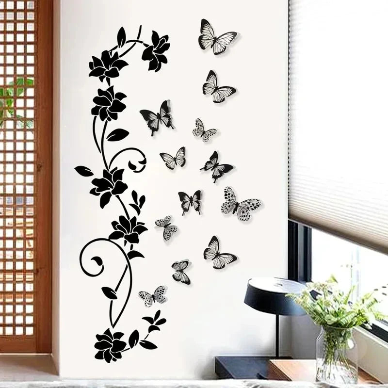 Close-up view of Black Flower Vine and 3D Butterfly Wall Decal | Home Decor by HomeDecorDecals.
