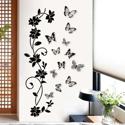 Close-up view of Black Flower Vine and 3D Butterfly Wall Decal | Home Decor by HomeDecorDecals.