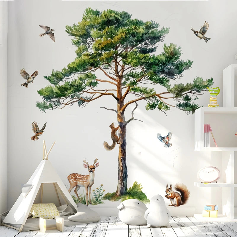 Big Pine Tree Vinyl Wall Stickers for Home Decoration Aesthetic Rooms Porch Fawn Squirrels Flying Birds Forest View Wallpaper-HomeDecorDecals_com