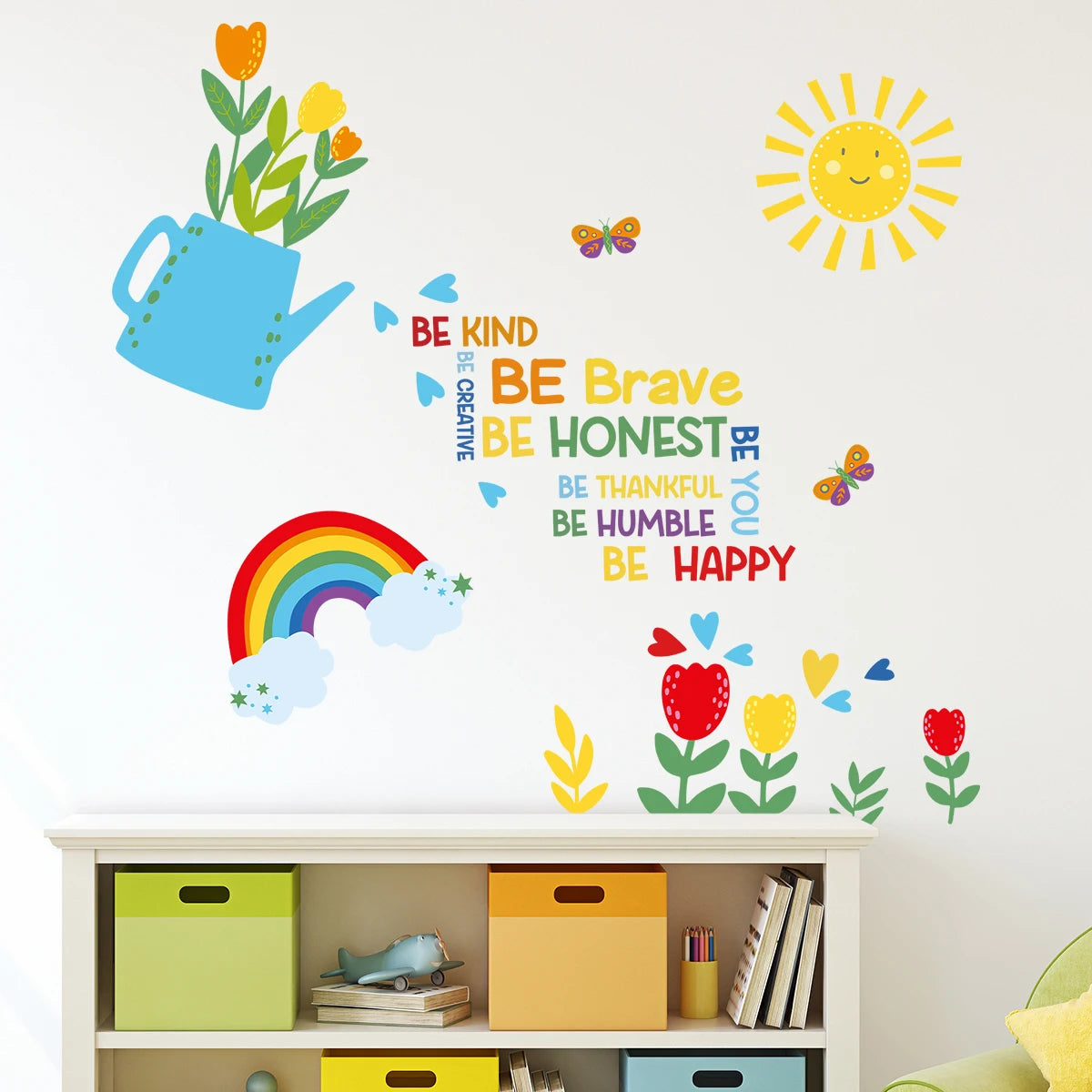 Close-up view of Cartoon Flower Watering Pattern Wall Decal | Room Decor by HomeDecorDecals.