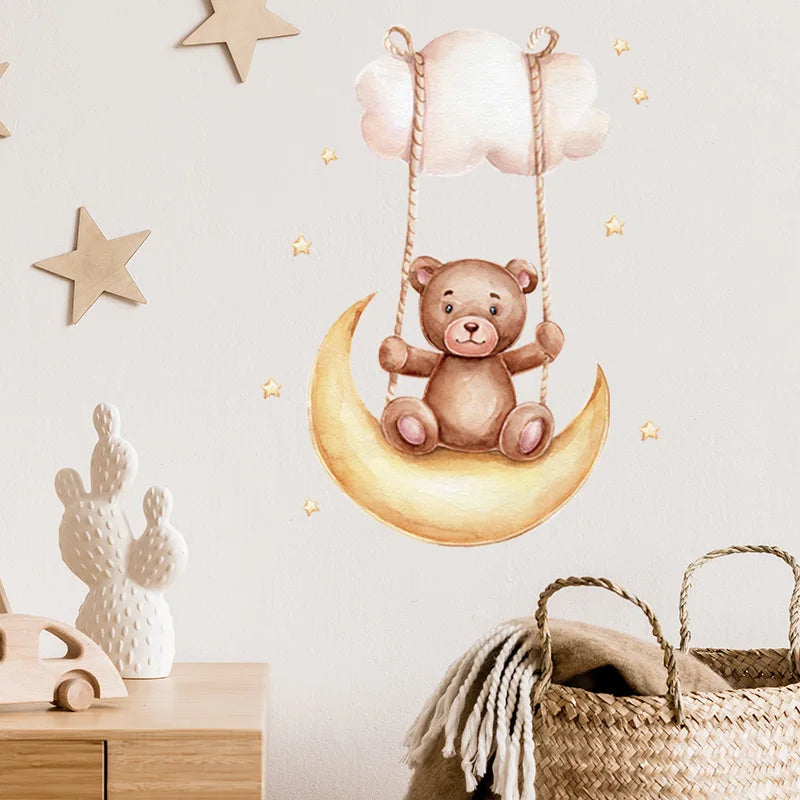 Cartoon Grey Baby Elephant Moon Gold Stars Wall Stickers for Kids Room Decor Nurserry Wall Decals Girl Boy Room Decorative-HomeDecorDecals_com