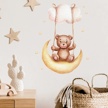 Cartoon Grey Baby Elephant Moon Gold Stars Wall Stickers for Kids Room Decor Nurserry Wall Decals Girl Boy Room Decorative-HomeDecorDecals_com