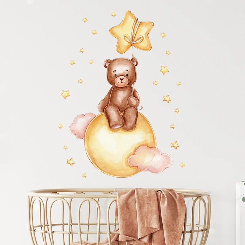 Cartoon Grey Baby Elephant Moon Gold Stars Wall Stickers for Kids Room Decor Nurserry Wall Decals Girl Boy Room Decorative-HomeDecorDecals_com