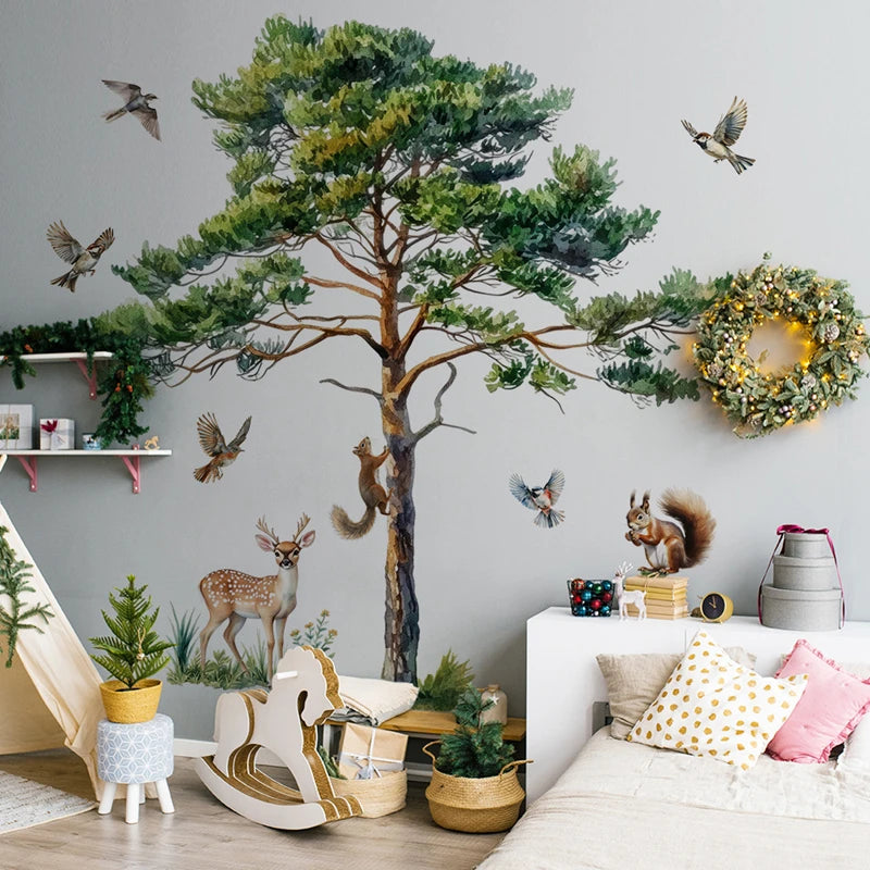 Big Pine Tree Vinyl Wall Stickers for Home Decoration Aesthetic Rooms Porch Fawn Squirrels Flying Birds Forest View Wallpaper-HomeDecorDecals_com