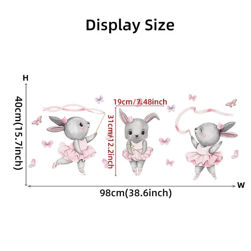Cartoon Three Gray Rabbits Dancing Ballet Butterfly Wall Stickers for Kids Room Bedroom Nursery Home Decoration Wall Decal-HomeDecorDecals_com