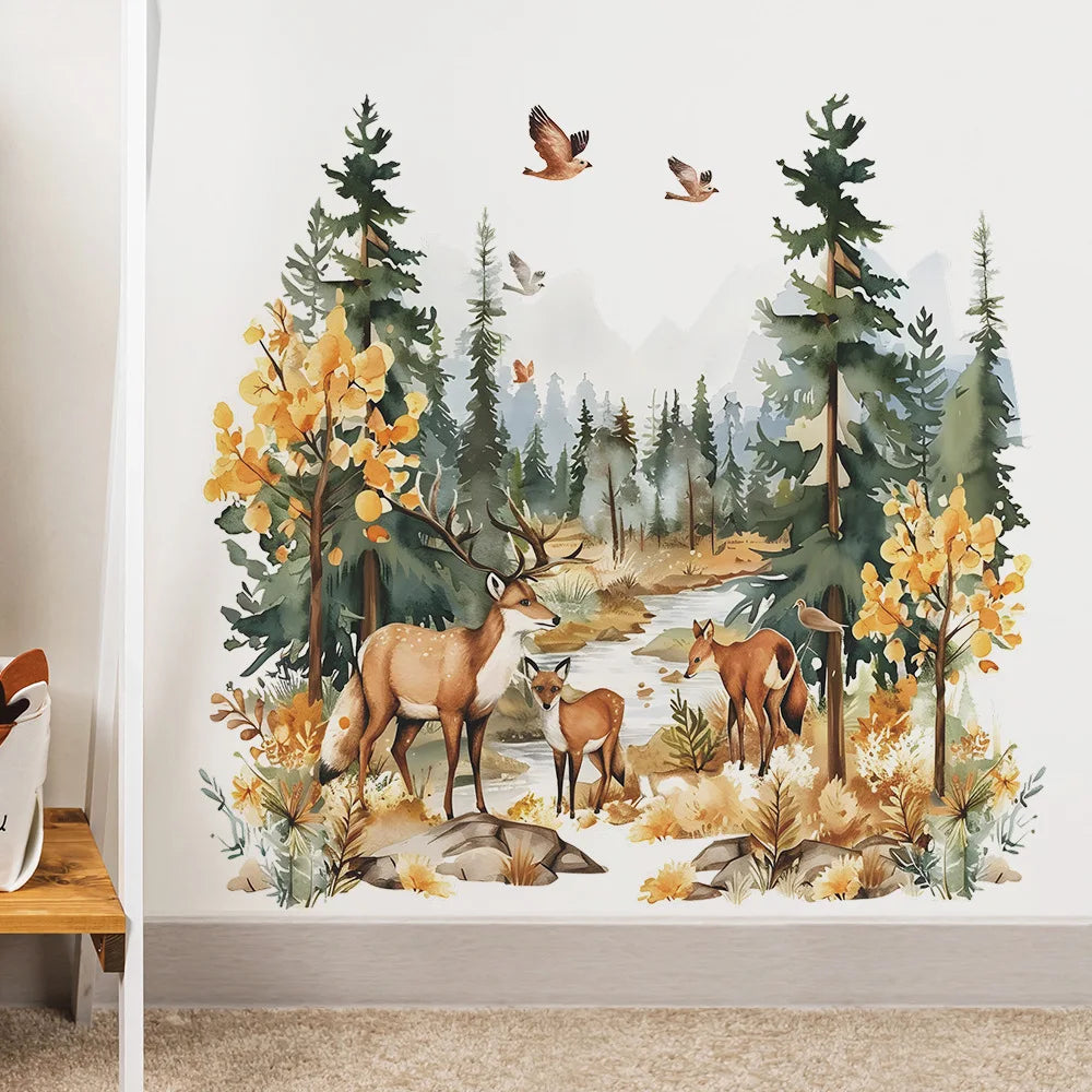 Cartoon Deer Forest Wall Sticker Kids Room Bedroom Background Decor Wallpaper Living Room Home Decoration Self-adhesive Decals-HomeDecorDecals_com