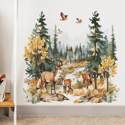 Cartoon Deer Forest Wall Sticker Kids Room Bedroom Background Decor Wallpaper Living Room Home Decoration Self-adhesive Decals-HomeDecorDecals_com