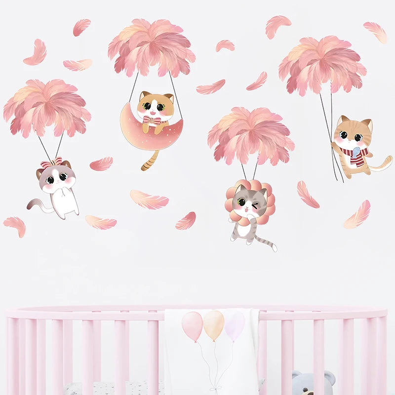 Hand-paint Pink Feather Balloon Cute Cats Cartoon Wall Stickers for Kids Room Baby Nursery Wall Decals Home Decorative Stickers-HomeDecorDecals_com