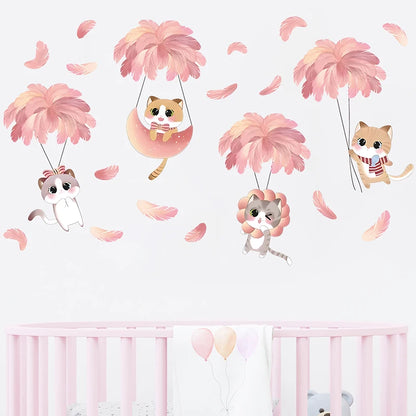 Hand-paint Pink Feather Balloon Cute Cats Cartoon Wall Stickers for Kids Room Baby Nursery Wall Decals Home Decorative Stickers-HomeDecorDecals_com