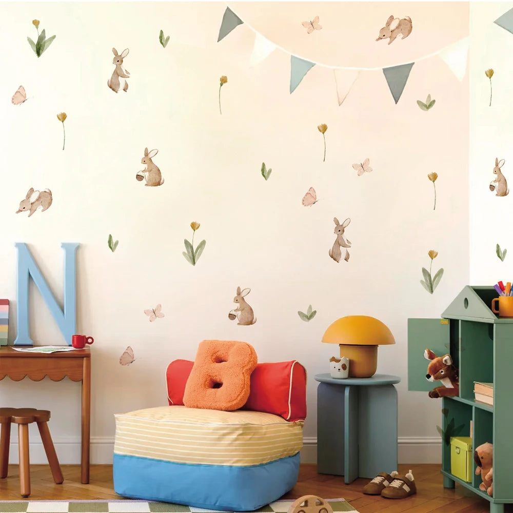 Summertime Watercolor Cute Bunnies and Flowers Nursery Wall Decal, Peel and Stick Reusable and Removable Kids Wall Stickers-HomeDecorDecals_com