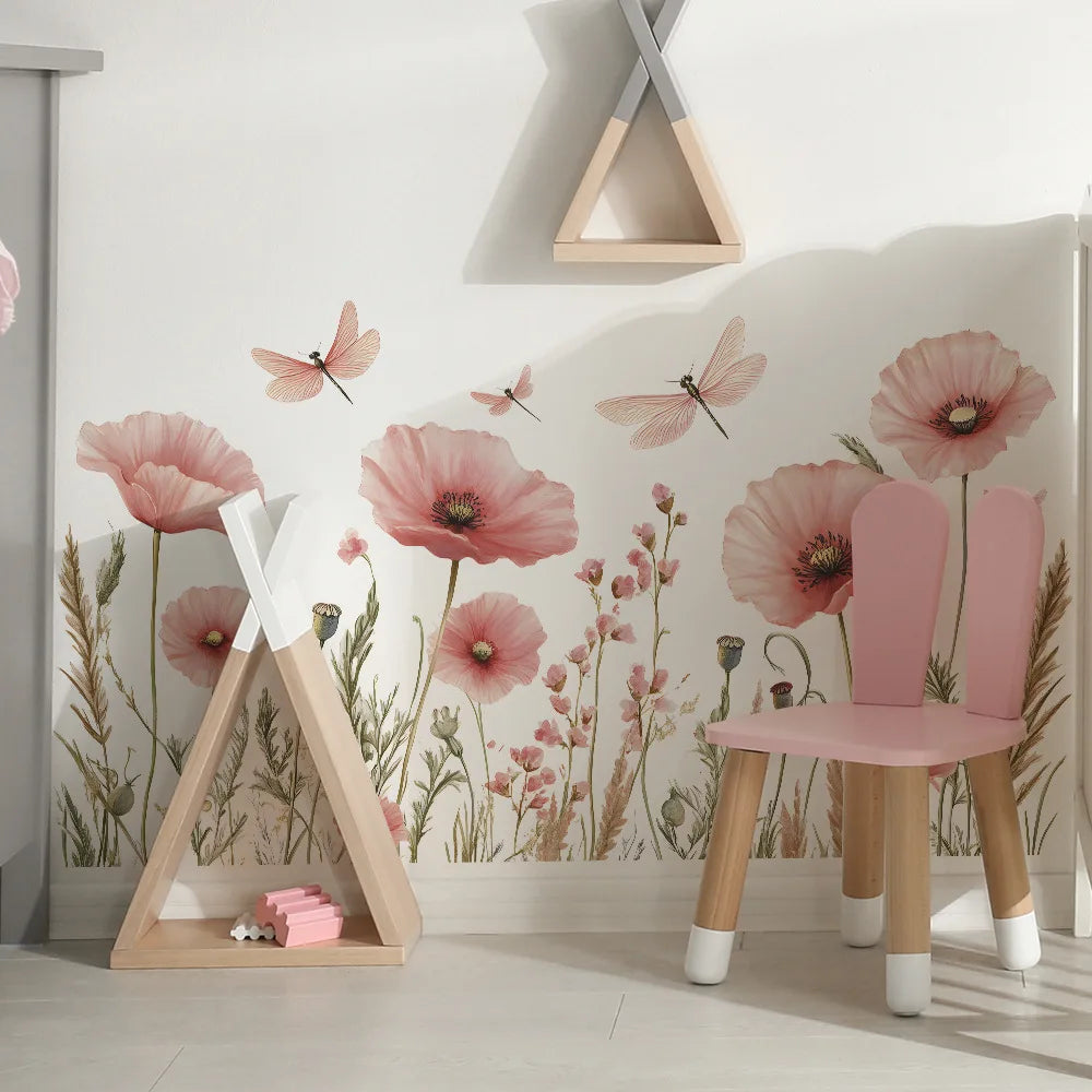 Watercolour Pink Poppy and Dragonfly Wall Decal | Home Decor by HomeDecorDecals.