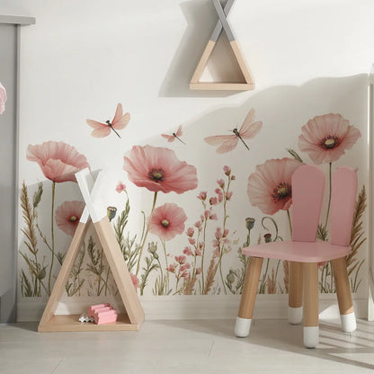 Watercolour Pink Poppy and Dragonfly Wall Decal | Home Decor by HomeDecorDecals.