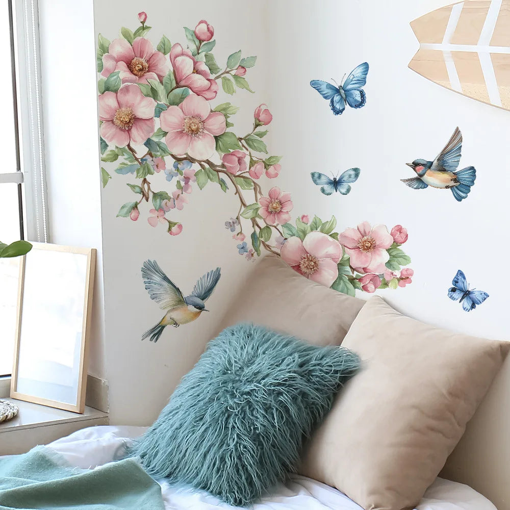 1PCS Watercolor Peach Tree Branches Leaves Bird Butterfly Bedroom Living Room Home Beautify Decorative Wall Stickers-HomeDecorDecals_com