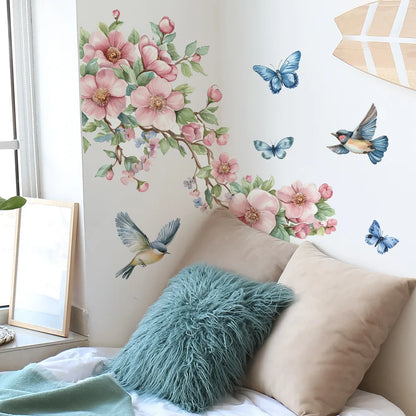 1PCS Watercolor Peach Tree Branches Leaves Bird Butterfly Bedroom Living Room Home Beautify Decorative Wall Stickers-HomeDecorDecals_com