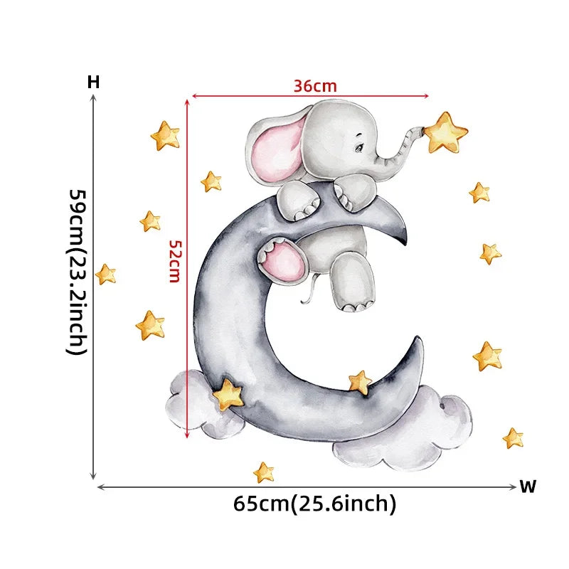 Cartoon Grey Baby Elephant Moon Gold Stars Wall Stickers for Kids Room Decor Nurserry Wall Decals Girl Boy Room Decorative-HomeDecorDecals_com