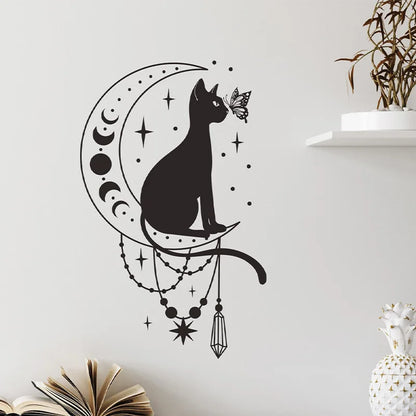 Cartoon Cat Butterfly and Moon Wall Decal | Room Decor design details by HomeDecorDecals.