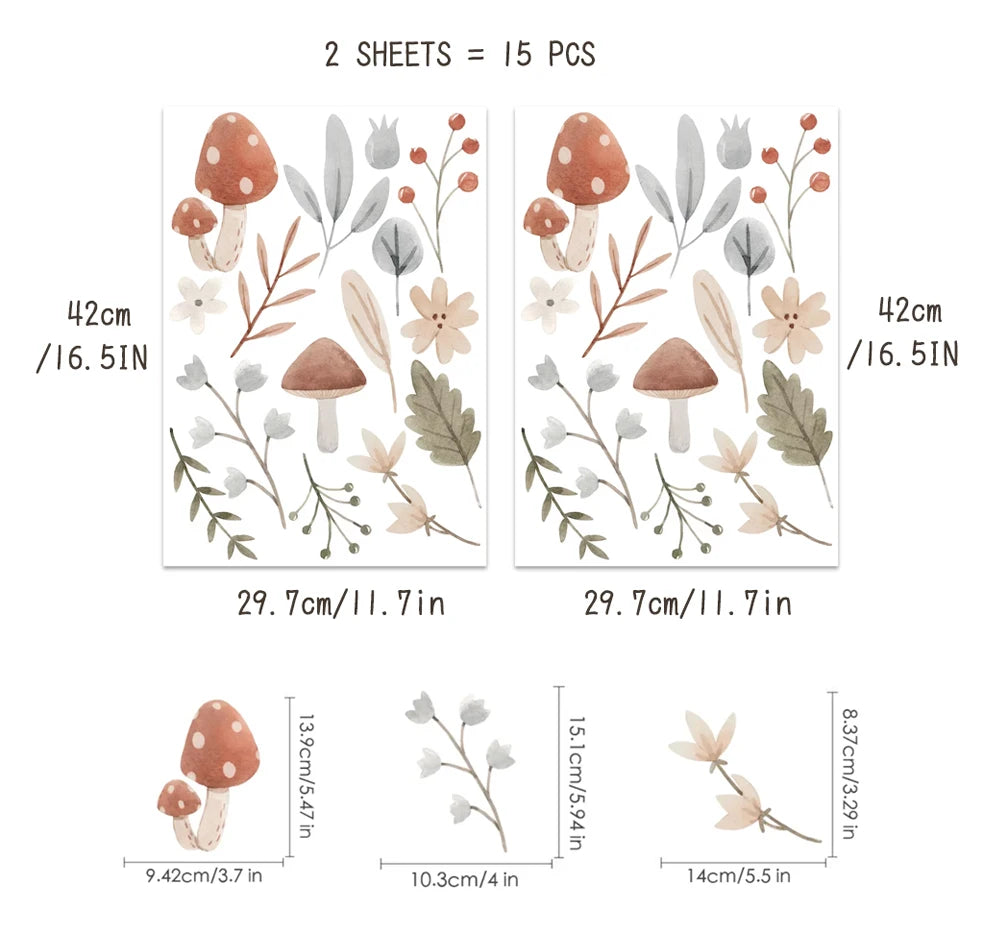 Boho Cartoon Mushroom and Leaves Wall Decal | Home Decor displayed in room decor by HomeDecorDecals.