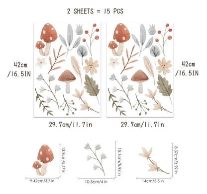 Boho Cartoon Mushroom and Leaves Wall Decal | Home Decor displayed in room decor by HomeDecorDecals.