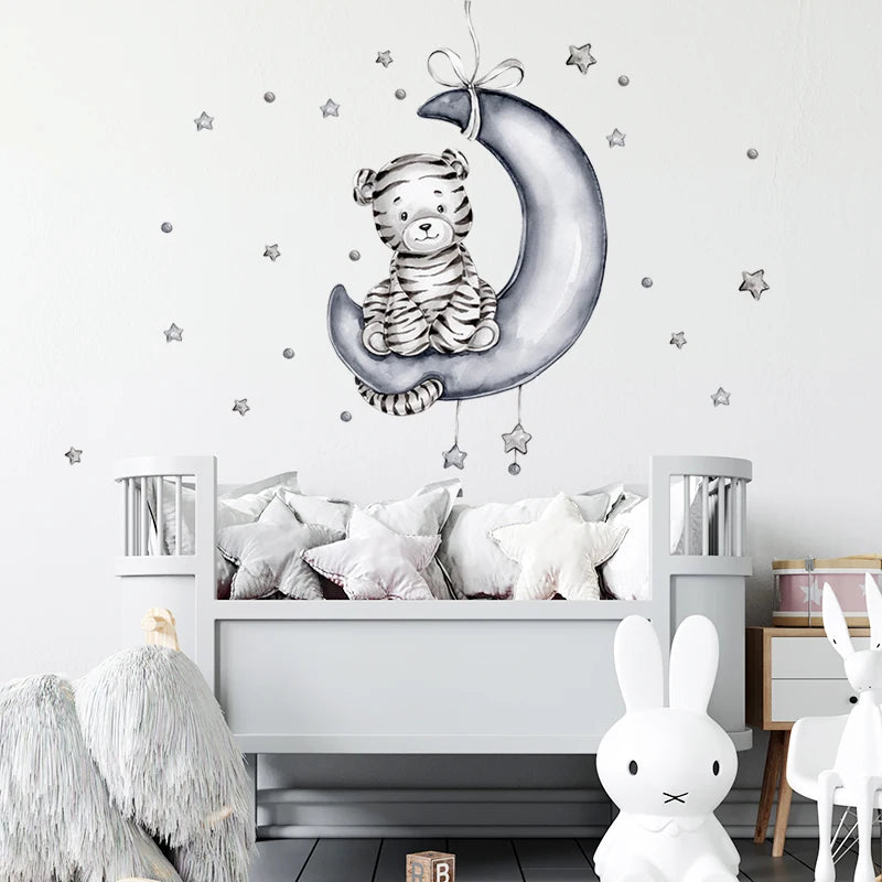 Cartoon Grey Baby Elephant Moon Gold Stars Wall Stickers for Kids Room Decor Nurserry Wall Decals Girl Boy Room Decorative-HomeDecorDecals_com