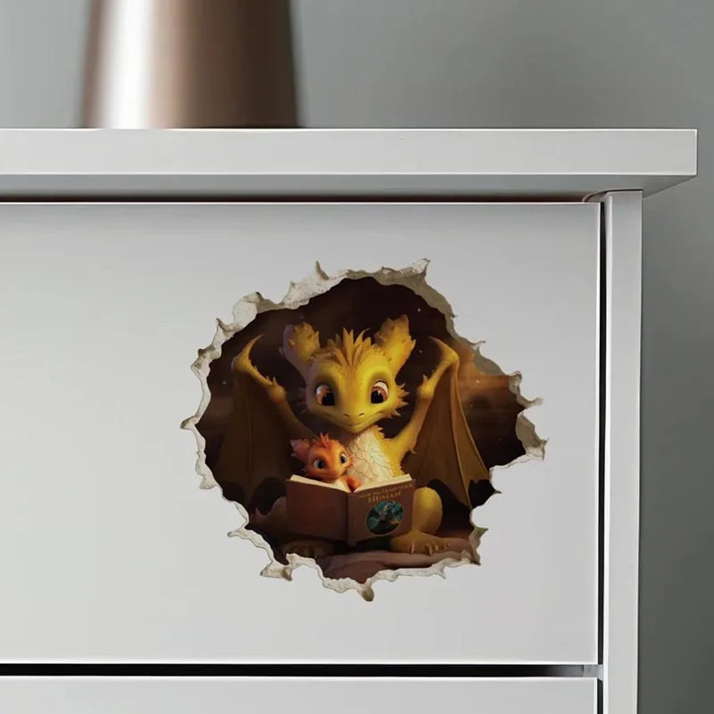 Dragon Parent and Child Reading in Wall Hole Decal | Home Decor displayed in room decor by HomeDecorDecals.