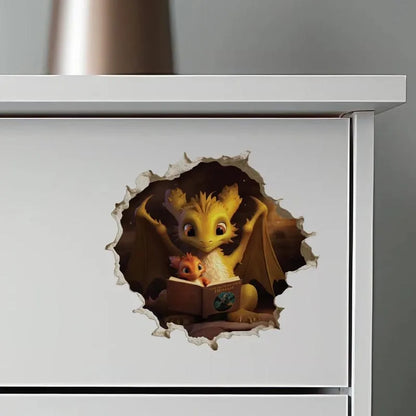 Dragon Parent and Child Reading in Wall Hole Decal | Home Decor displayed in room decor by HomeDecorDecals.