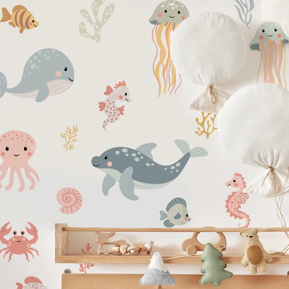 Watercolor Cartoon Ocean Fish Animal Wall Sticker Living Room Bedroom Sea Life Beach Landscape Wall Decal Home Decor-HomeDecorDecals_com