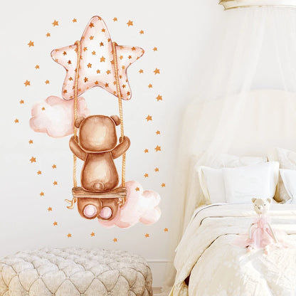Cartoon Grey Baby Elephant Moon Gold Stars Wall Stickers for Kids Room Decor Nurserry Wall Decals Girl Boy Room Decorative-HomeDecorDecals_com