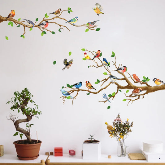 Style Vintage Bird Sticker Living Room Sofa Wall Decor Stickers Mural Art 3D Tree Branch Green Leaves Stikers-HomeDecorDecals_com