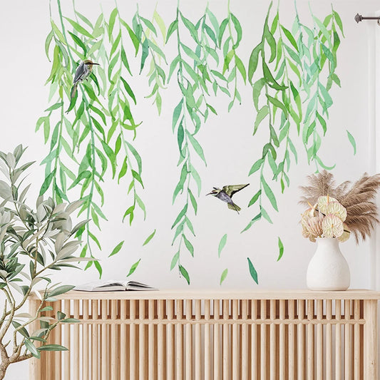 Hand-Painted Willow Branch Leaves and Birds Wall Decal | Home Decor removable peel and stick wall decal by HomeDecorDecals.