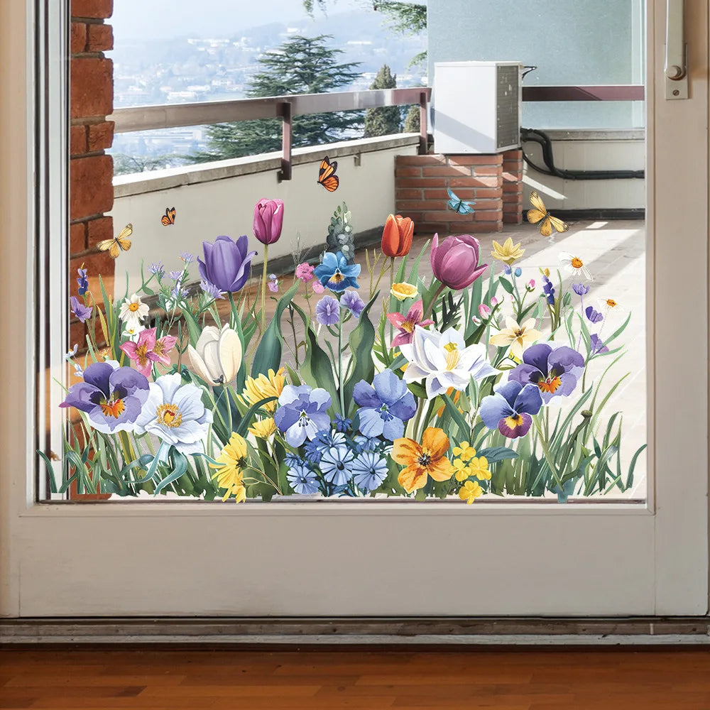 Tulip and Butterfly Window Glass Decal | Home Decor removable peel and stick wall decal by HomeDecorDecals.