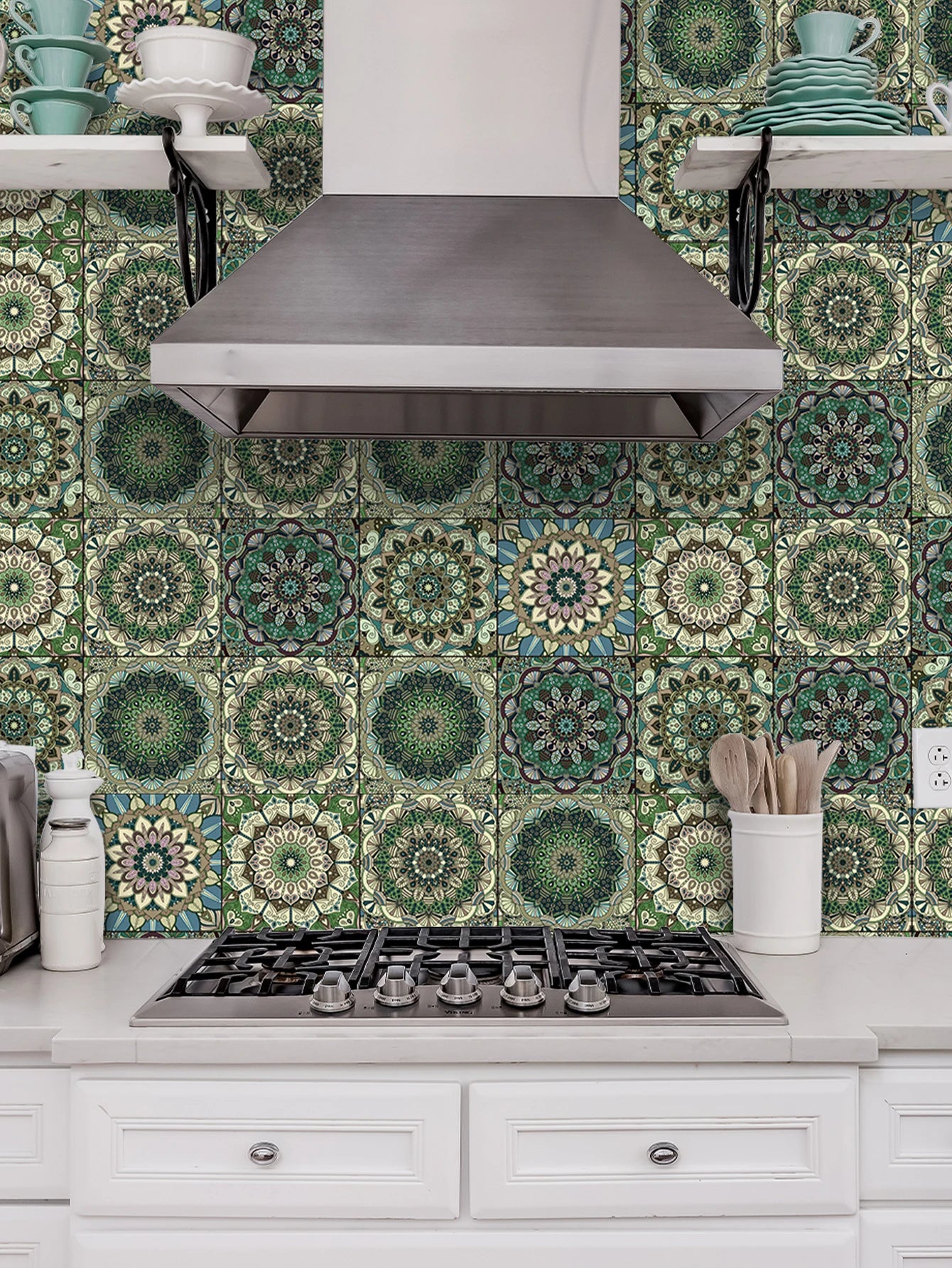 Close-up view of Green Mandala Kitchen Wall Decal | Home Decor by HomeDecorDecals.