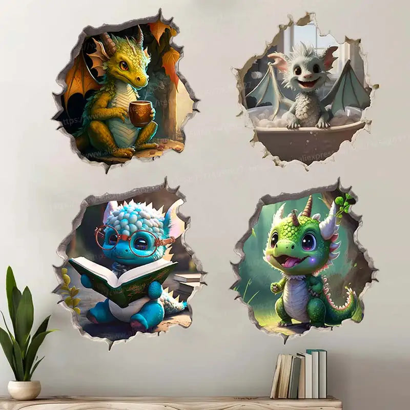 Dragon Parent and Child Reading in Wall Hole Decal | Home Decor by HomeDecorDecals.