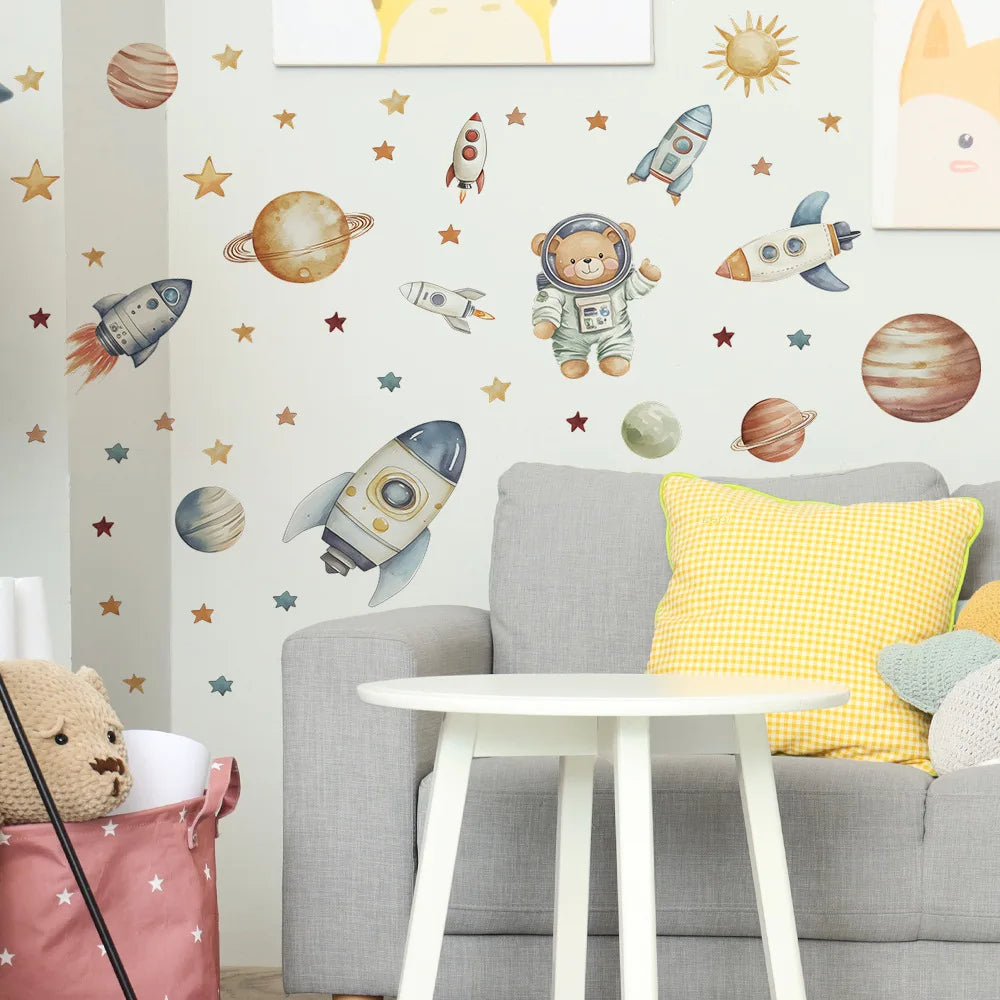 Cartoon Bear Astronaut Rocket Wall Stickers For Kids Room Background Decoration Mural Baby Bedroom Home Decor Removable Decals-HomeDecorDecals_com