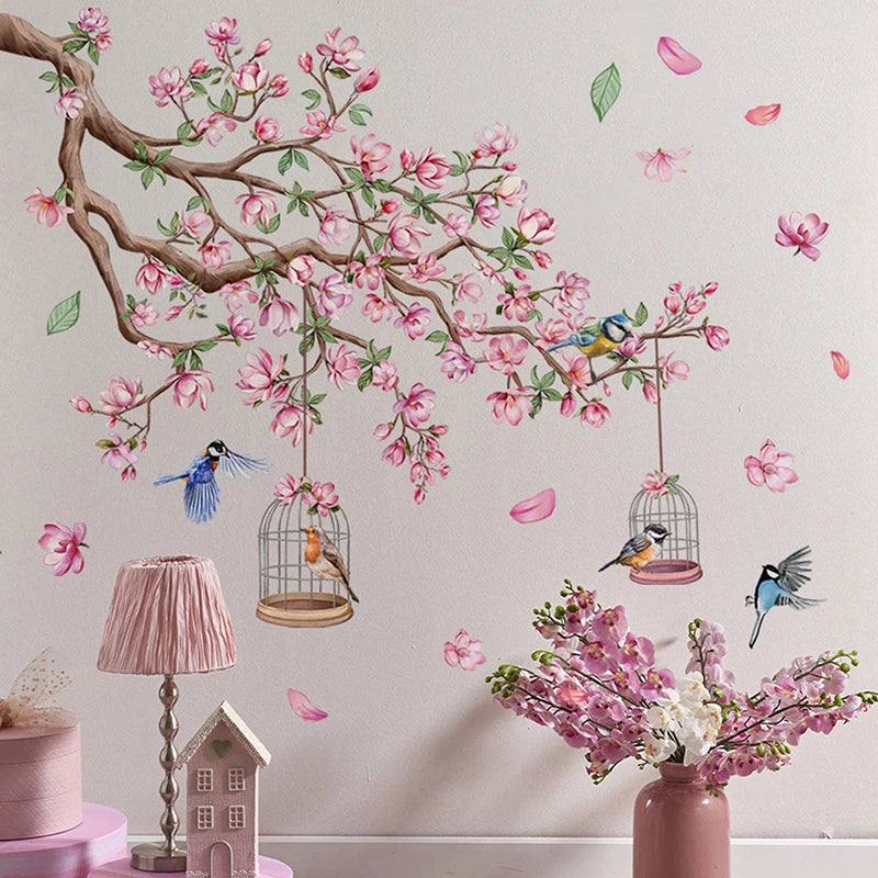 Pink Peach Blossom Bird Wall Sticker PVC Self-Adhesive Floral Wall Decal-HomeDecorDecals_com