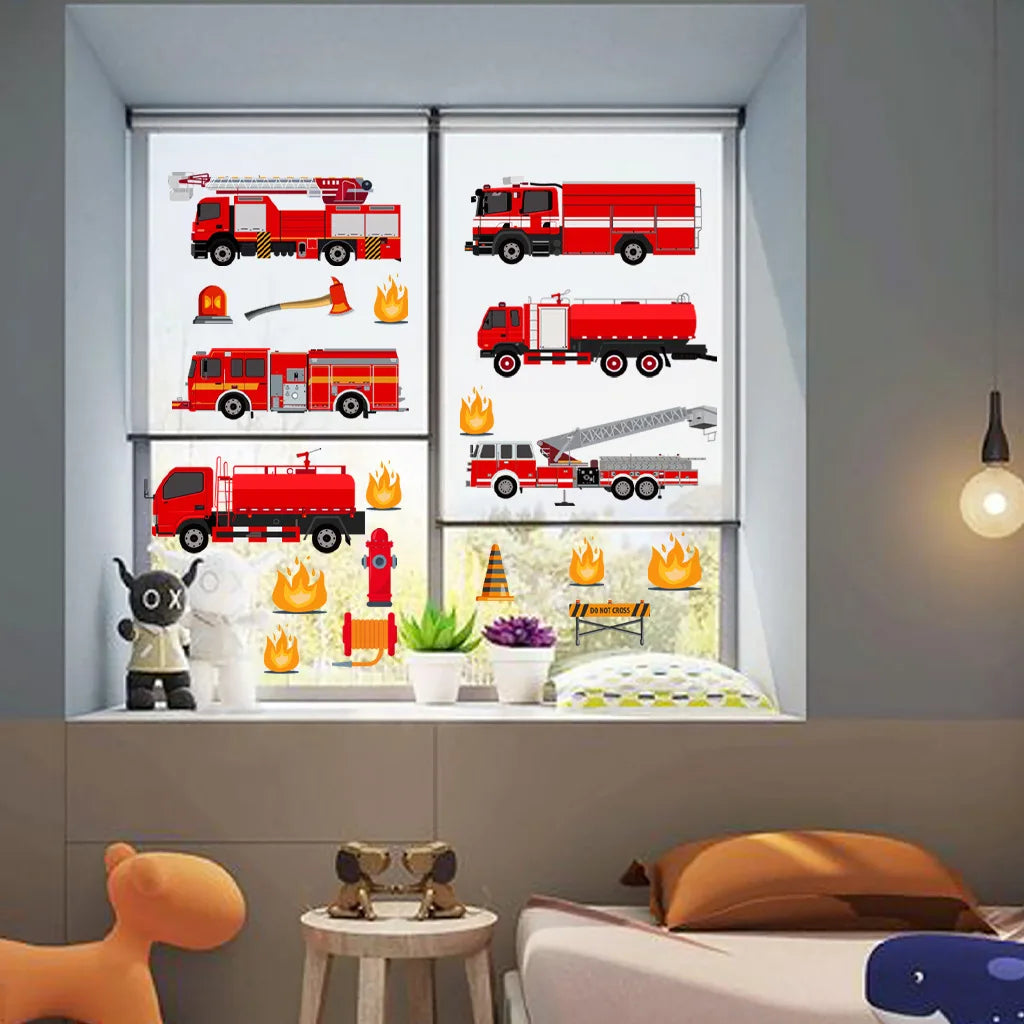 Cartoon Fire Truck Wall Decor Decals Kids Room Playroom Bedroom Firetruck Poster Mural Wall Stickers Kids Room Nursery Decor-HomeDecorDecals_com