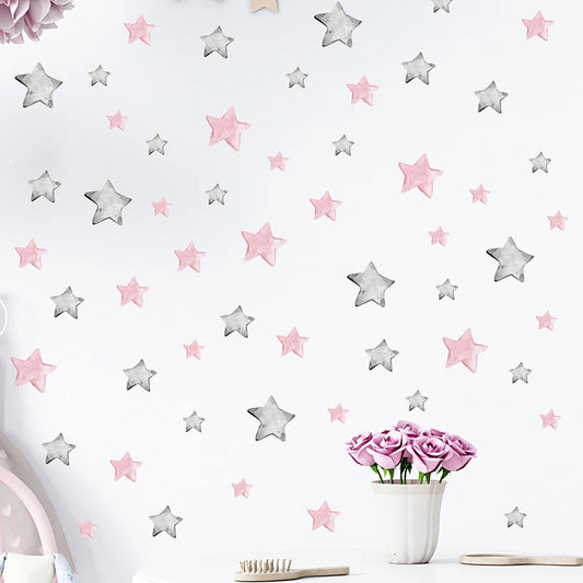 56pcs Watercolor Pink Grey Stars Wall Stickers for Kids Room Baby Nursery Room Wall Decals Pattern Home Decorative Sticker Mural-HomeDecorDecals_com
