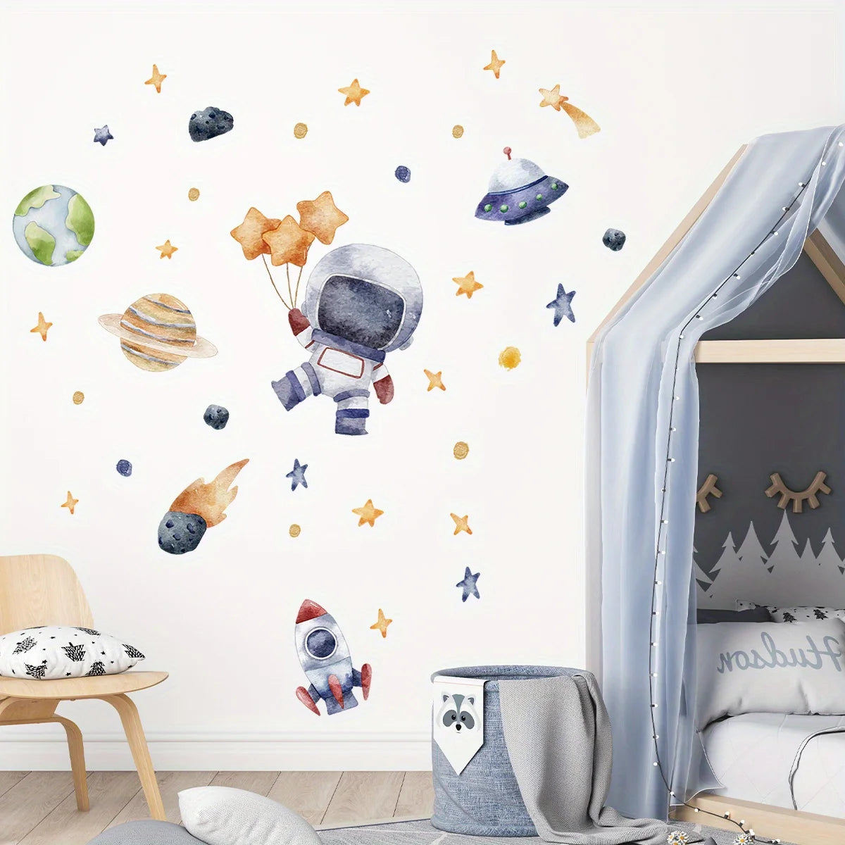 Cartoon Cute Astronaut Spaceship Rocket Planet Star Space Wall Stickers for Bedroom Living Room Nursery Decoration Wall Decal-HomeDecorDecals_com