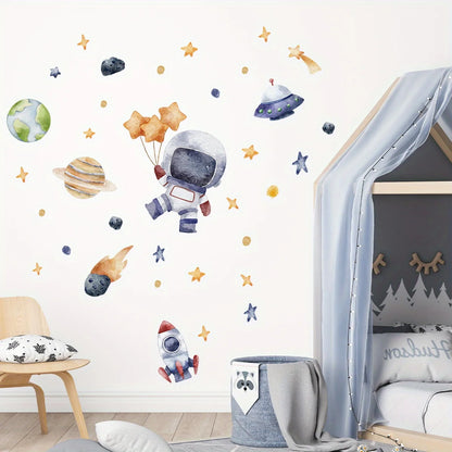 Cartoon Cute Astronaut Spaceship Rocket Planet Star Space Wall Stickers for Bedroom Living Room Nursery Decoration Wall Decal-HomeDecorDecals_com