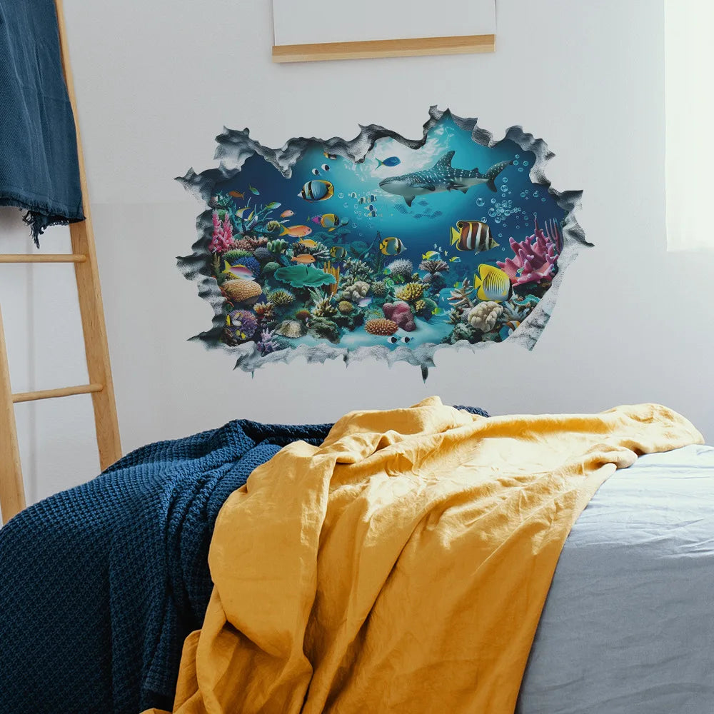 3D Shark Breaking Wall Decal Ocean Underwater World Mural Self-Adhesive Wall Sticker for Bedroom Living Room Home Decoration-HomeDecorDecals_com
