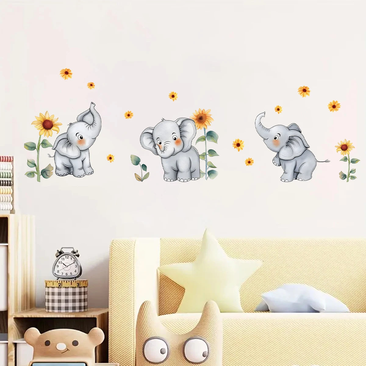 1pcs Cartoon Sunflower Cute Elephant Pattern Wall Stickers for Kids Room Bedroom Decoration Wall Decals Home Decor Nursery-HomeDecorDecals_com