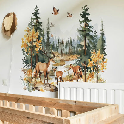 Cartoon Deer Forest Wall Sticker Kids Room Bedroom Background Decor Wallpaper Living Room Home Decoration Self-adhesive Decals-HomeDecorDecals_com