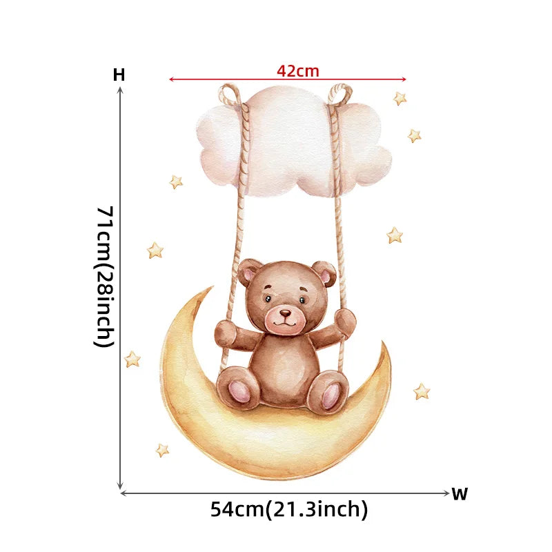 Cartoon Brown Bear Swing on the Moon Wall Stickers Baby Nursery Hand Paint Wall Decals Animals Decorative Stickers Home Decor-HomeDecorDecals_com