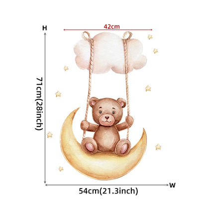 Cartoon Brown Bear Swing on the Moon Wall Stickers Baby Nursery Hand Paint Wall Decals Animals Decorative Stickers Home Decor-HomeDecorDecals_com