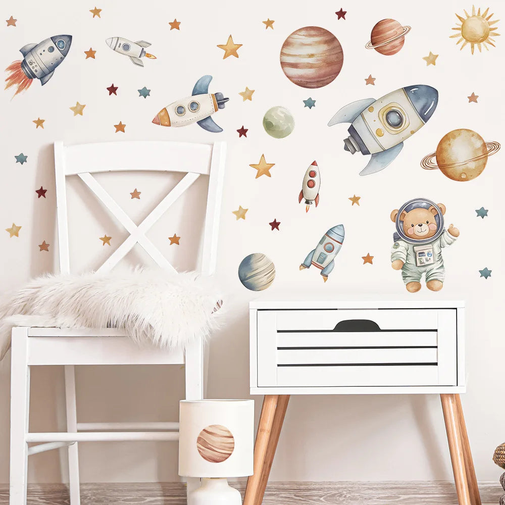 Cartoon Bear Astronaut Rocket Wall Stickers For Kids Room Background Decoration Mural Baby Bedroom Home Decor Removable Decals-HomeDecorDecals_com