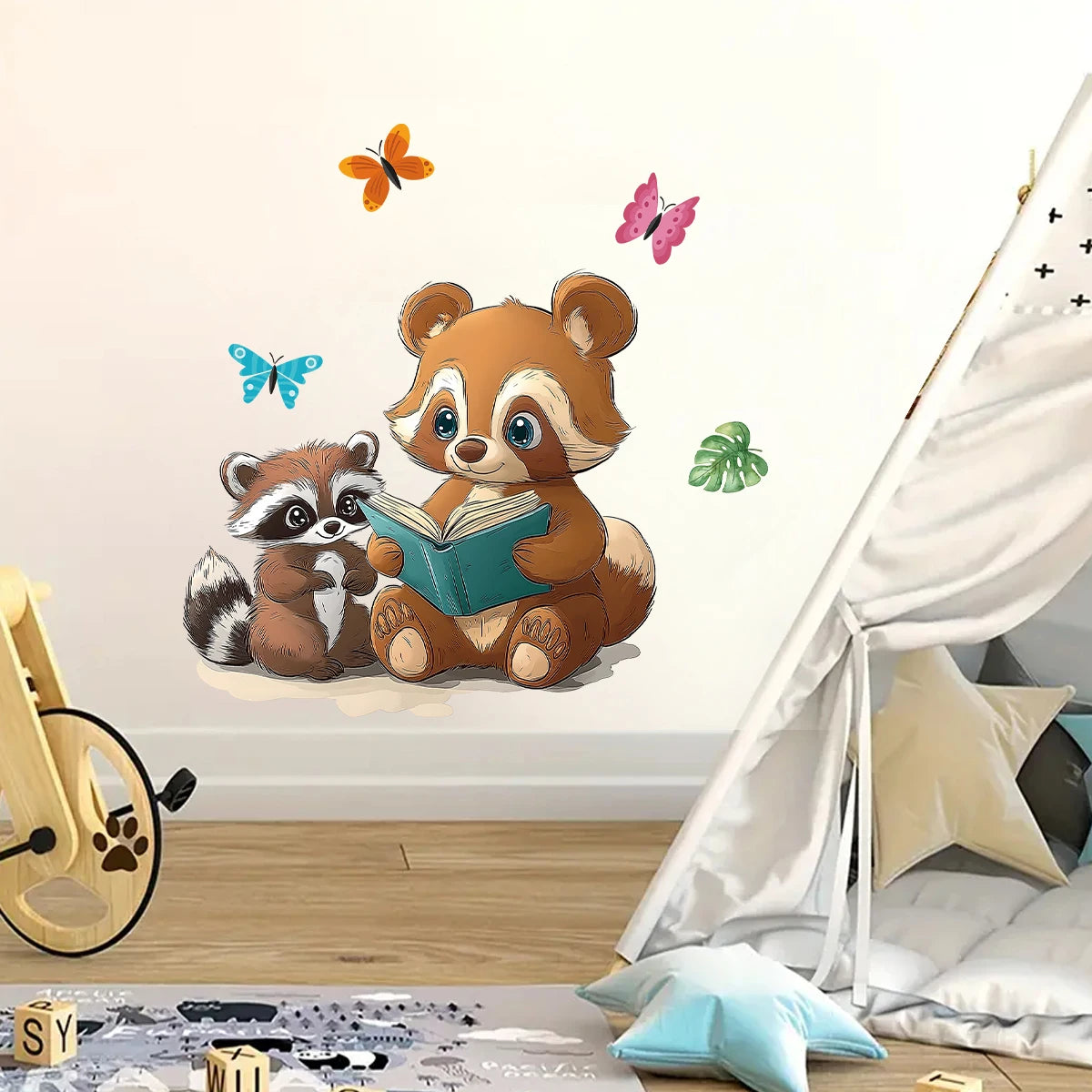 Cartoon Parent Child Raccoon Reading Wall Decal | Room Decor design details by HomeDecorDecals.