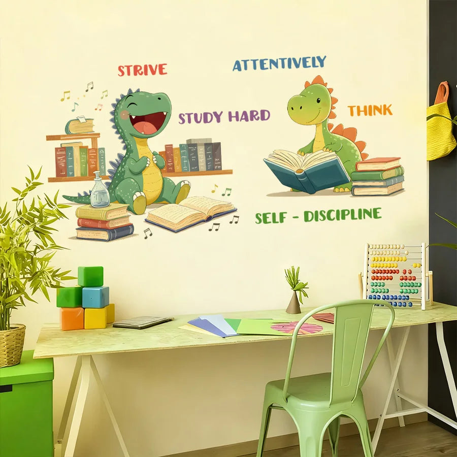 Educational Dinosaur Wall Stickers STRIVE STUDY HARD ATTENTIVELY THINK Learning Decor For Classroom Living Room Playroom-HomeDecorDecals_com