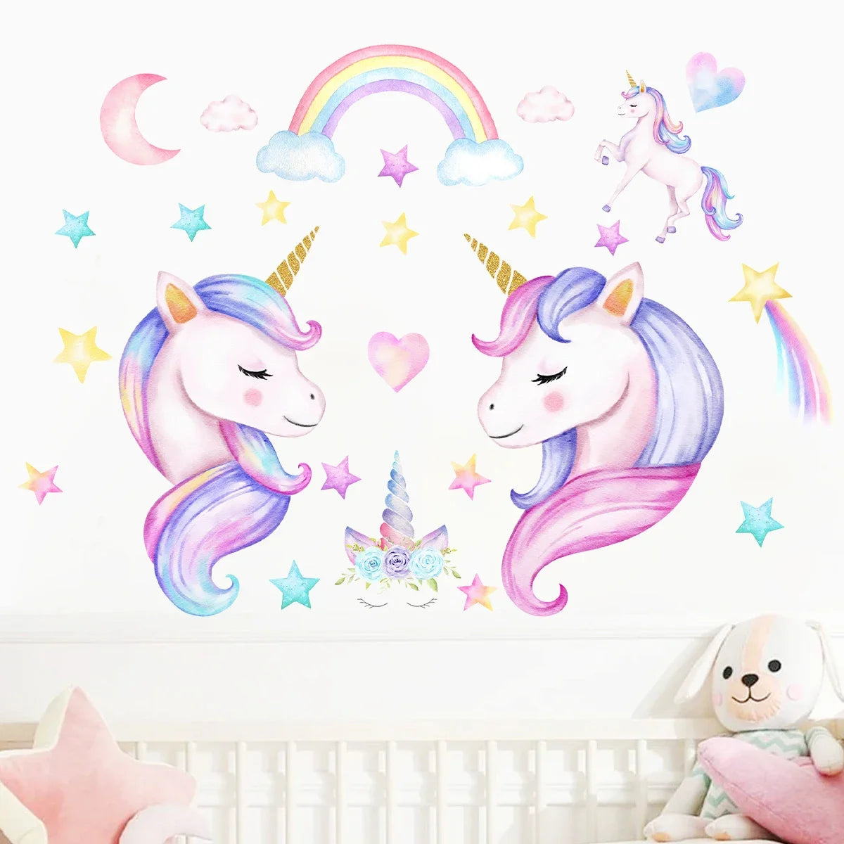 Cartoon Rainbow Moon Stars Unicorn Wall Decals For Kids (2pcs)-HomeDecorDecals_com