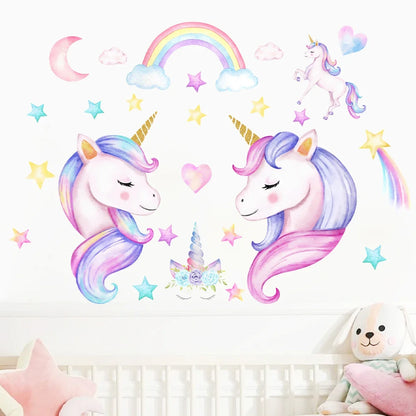 Cartoon Rainbow Moon Stars Unicorn Wall Decals For Kids (2pcs)-HomeDecorDecals_com